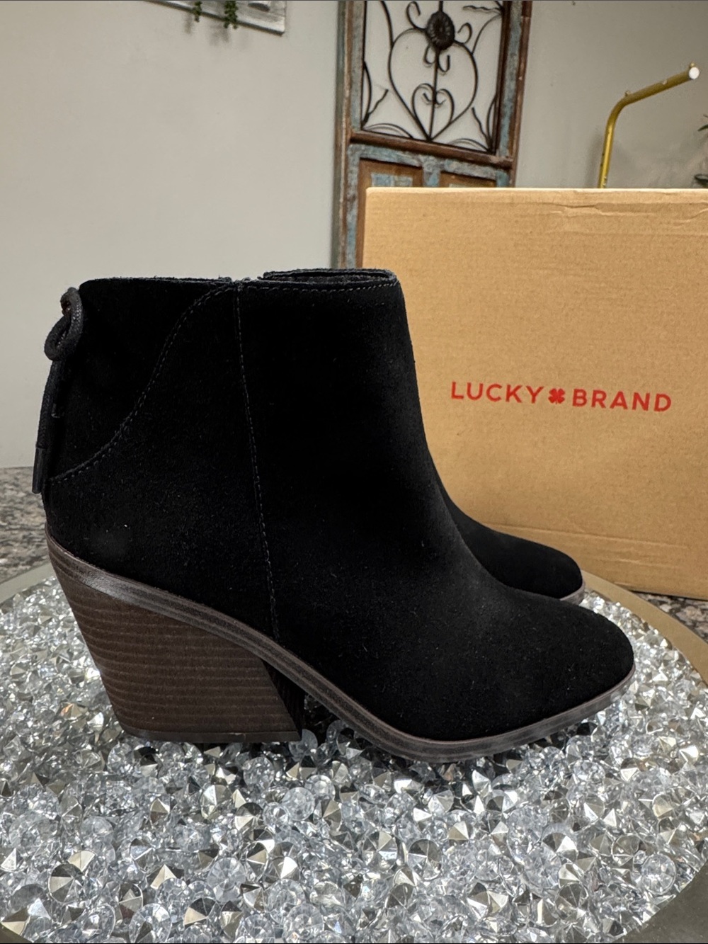 Lucky Brand Mikasi Black oiled Suede Stacked Heel Ankle Booties tie back accent